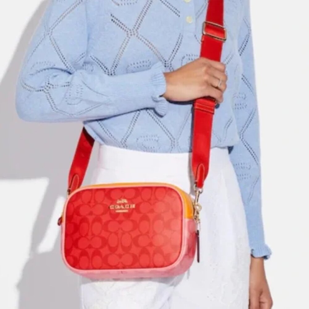 Coach Large Jamie Camera Bag Blocked Signature Sport Miami Red Pink Orange CA168